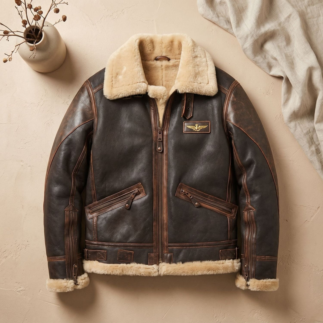 Herr läder pilotjacka med fårskinn foder i vintage stil