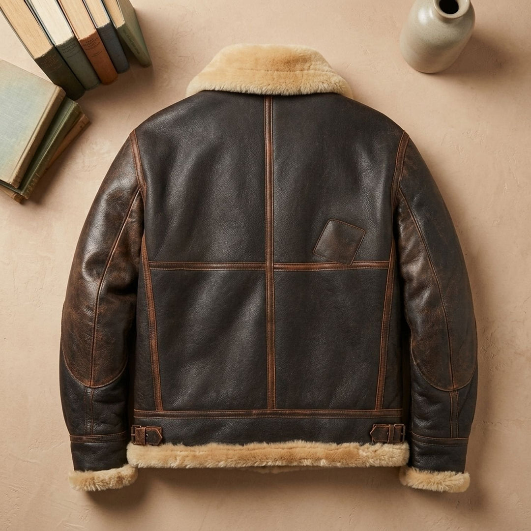 Herr läder pilotjacka med fårskinn foder i vintage stil