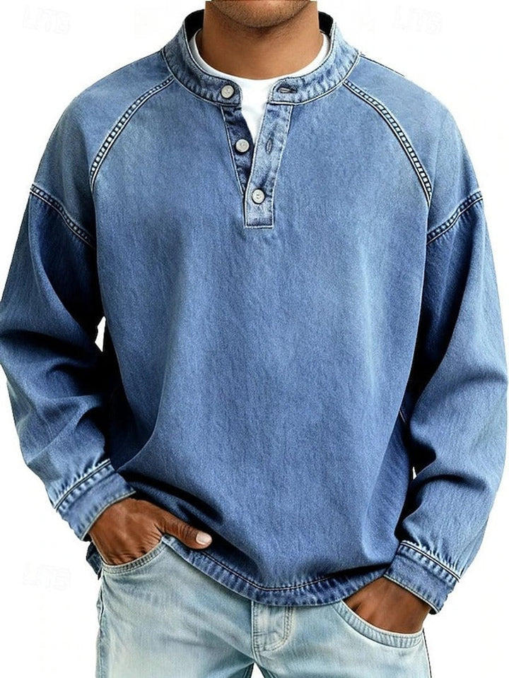 Herr retro henley stickad tröja långärmad sliten-stil pullover