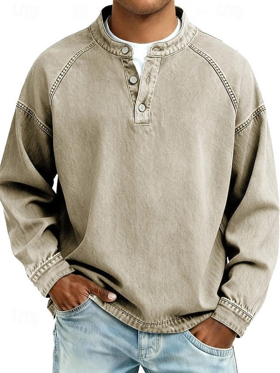 Herr retro henley stickad tröja långärmad sliten-stil pullover