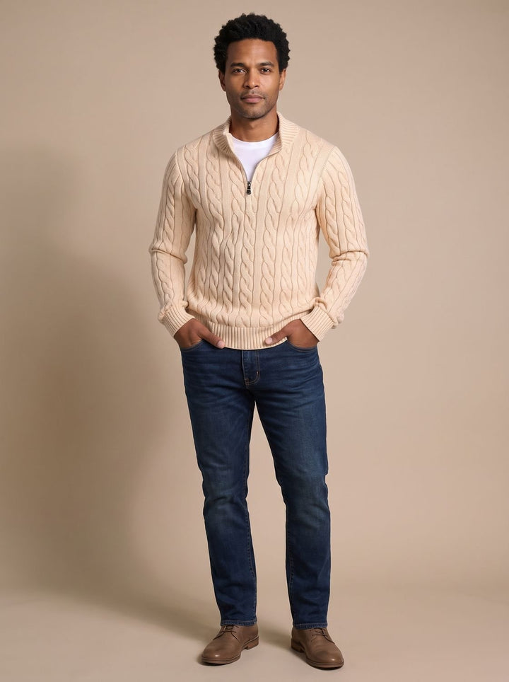 Herr kabelstickad pullover med zippered krage