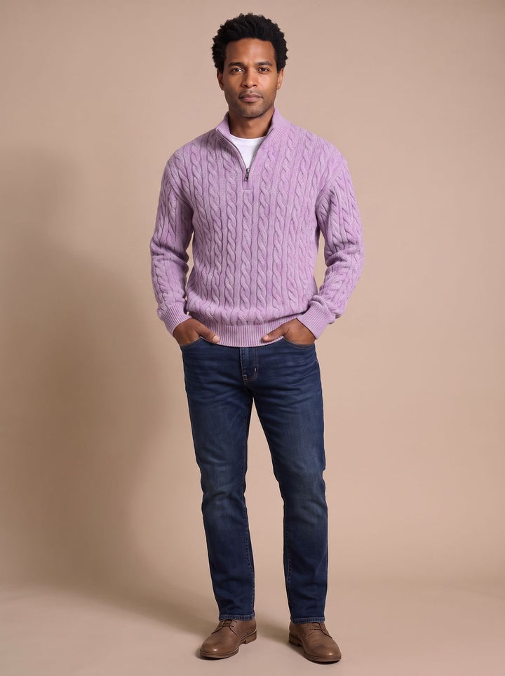 Herr kabelstickad pullover med zippered krage