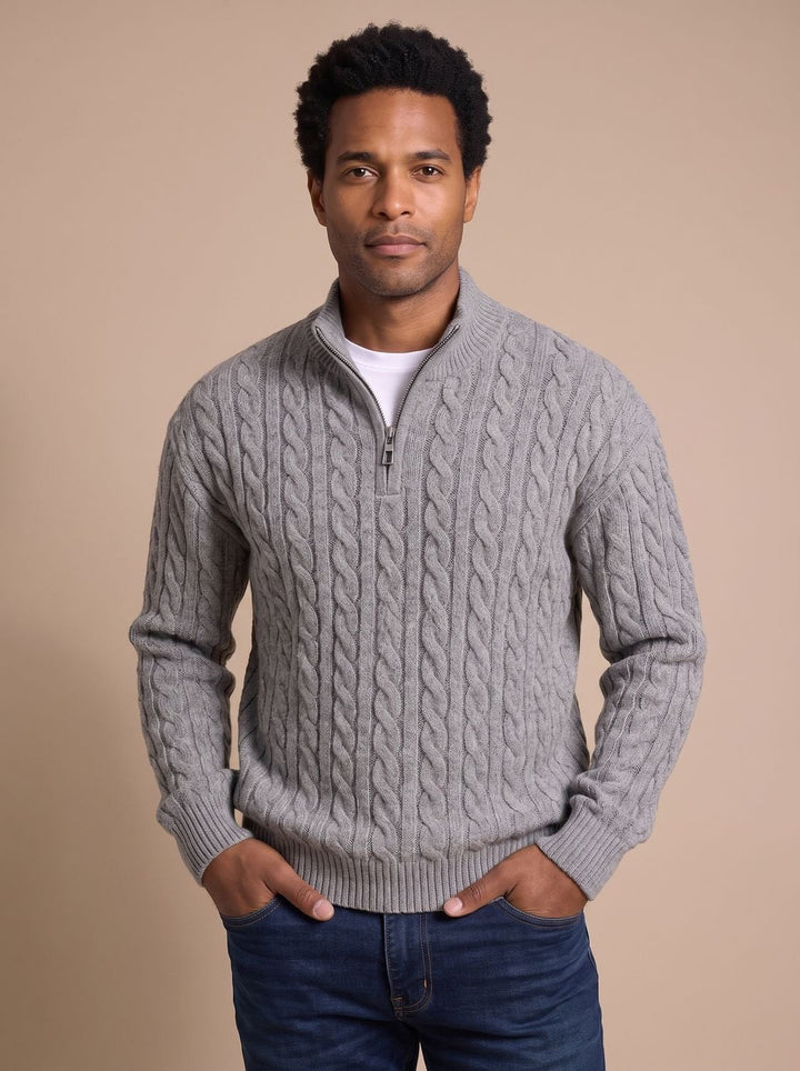 Herr kabelstickad pullover med zippered krage