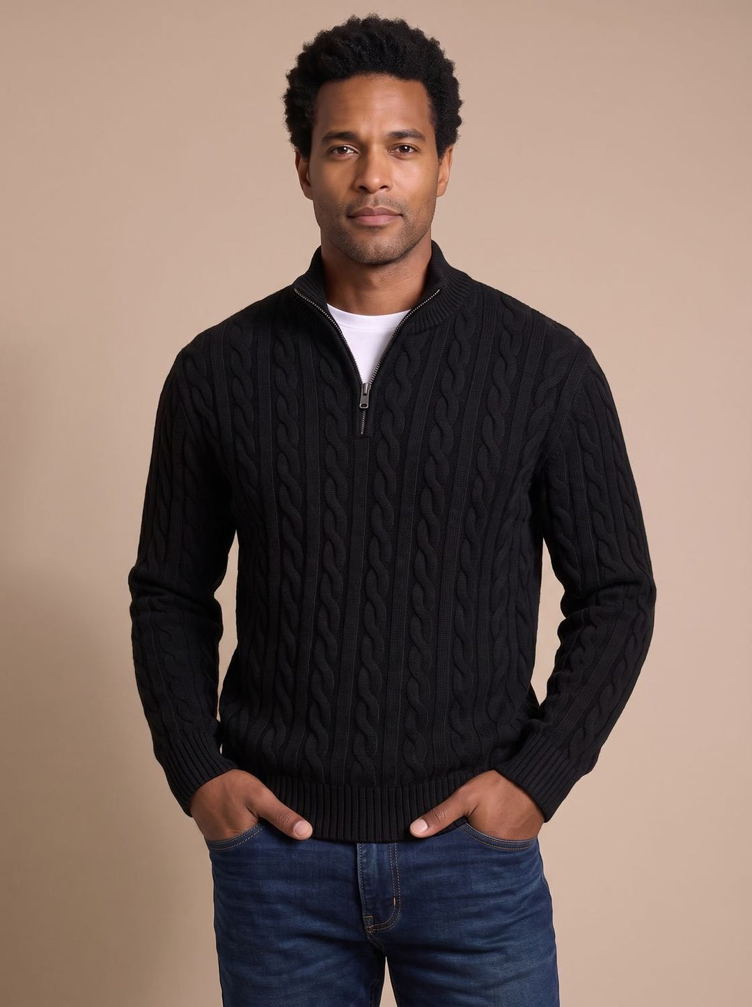 Herr kabelstickad pullover med zippered krage
