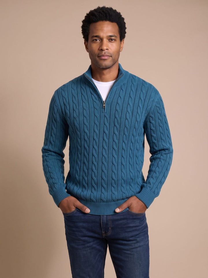 Herr kabelstickad pullover med zippered krage