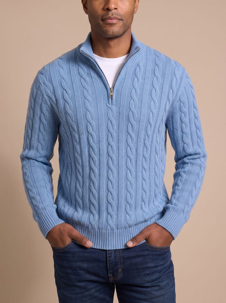 Herr kabelstickad pullover med zippered krage