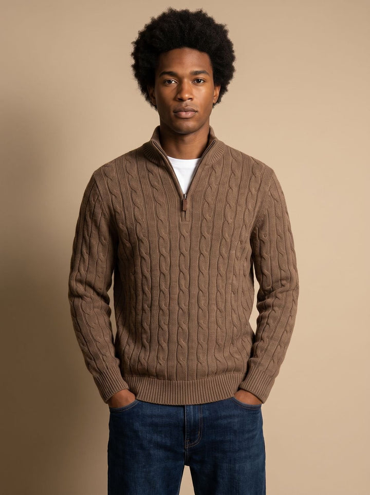 Herr kabelstickad pullover med zippered krage