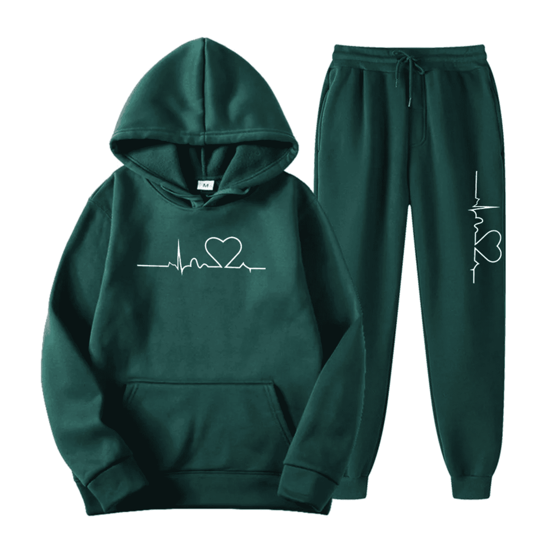 Dam huvtröja och jogging byxor set med hjärtslag design