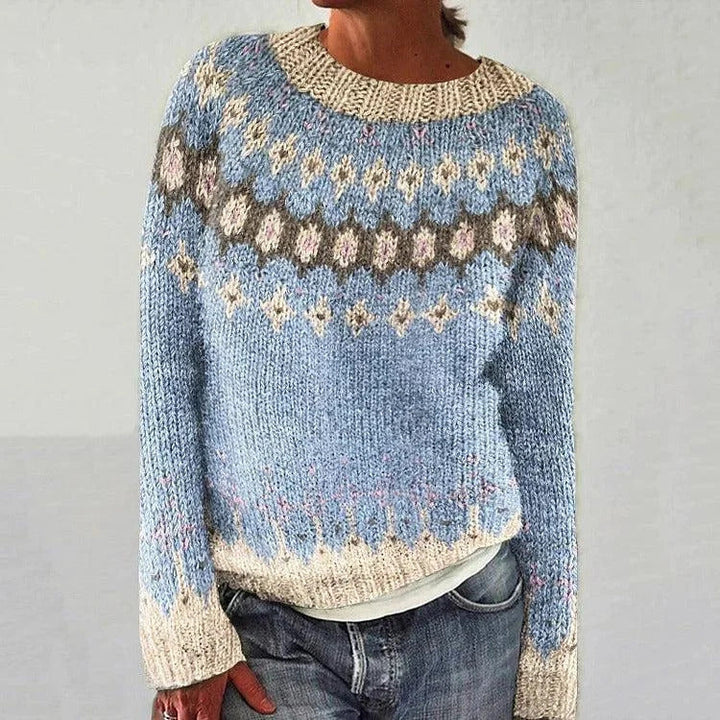 Festlig stickad dam jul tröja med reindeer motiv