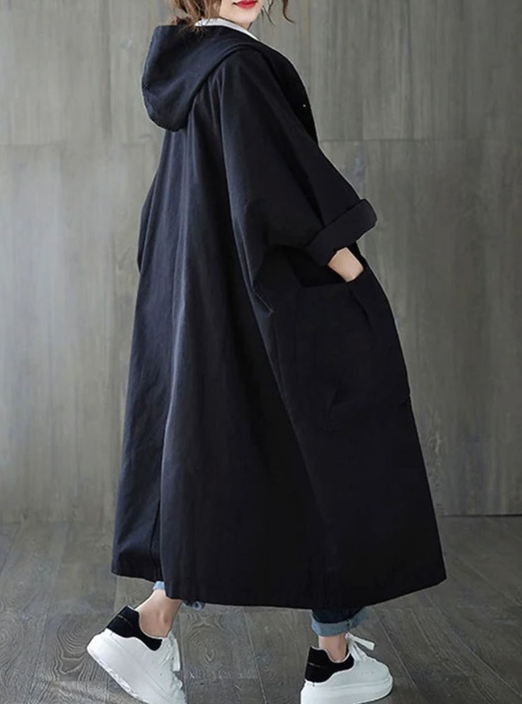 Lång kappa med huva för kvinnor vattenavvisande oversize trenchcoat