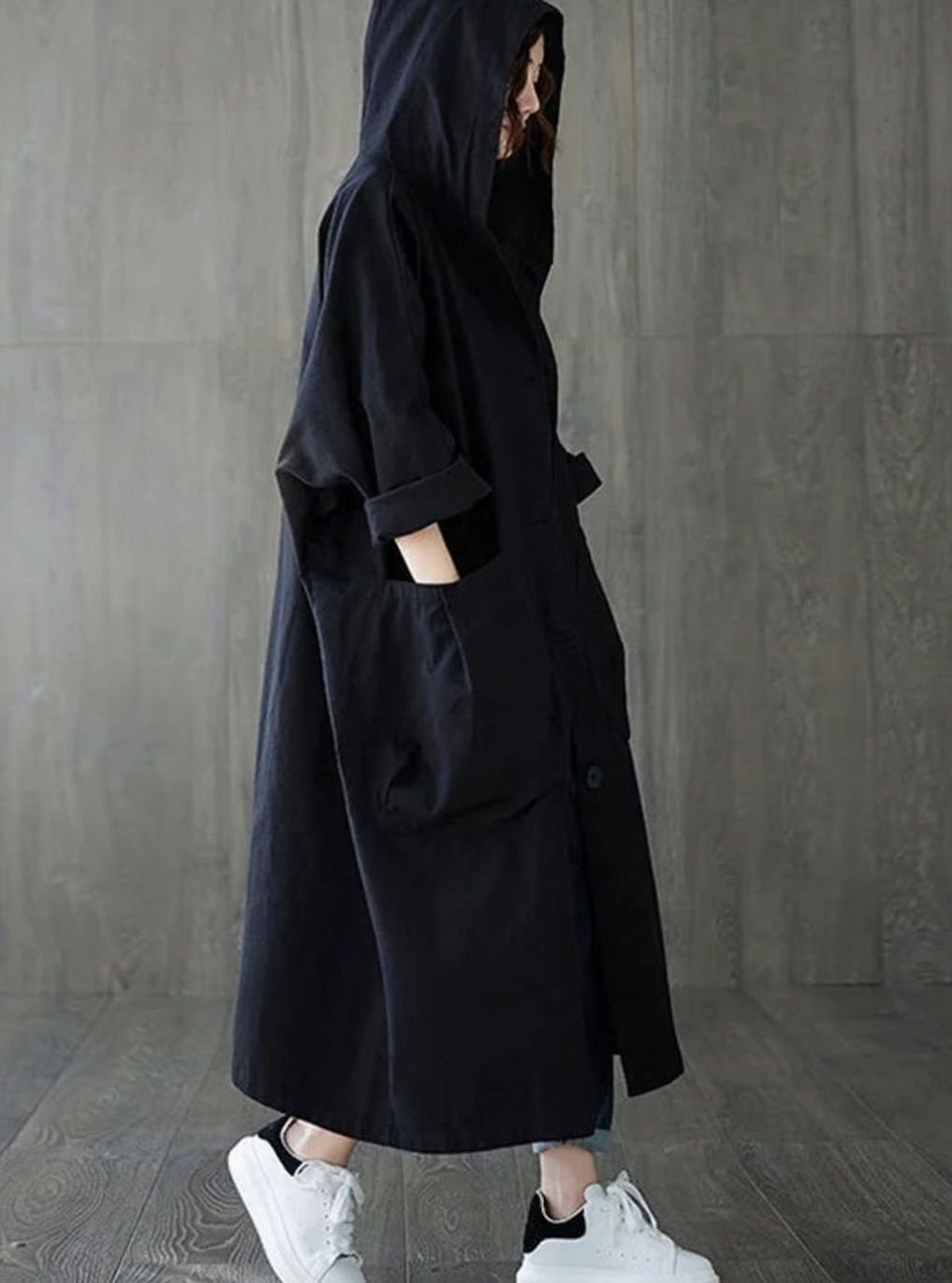 Lång kappa med huva för kvinnor vattenavvisande oversize trenchcoat