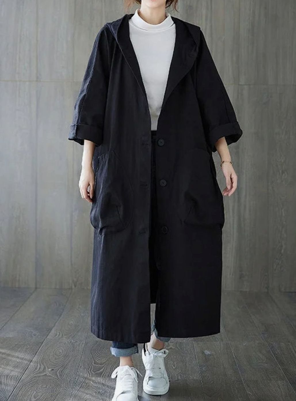 Lång kappa med huva för kvinnor vattenavvisande oversize trenchcoat