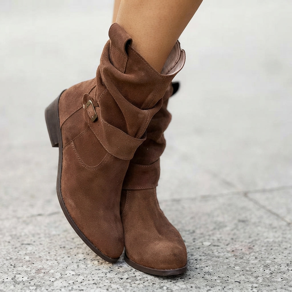 Dam knähög stövlar konstmocka slip-ons med blockklack