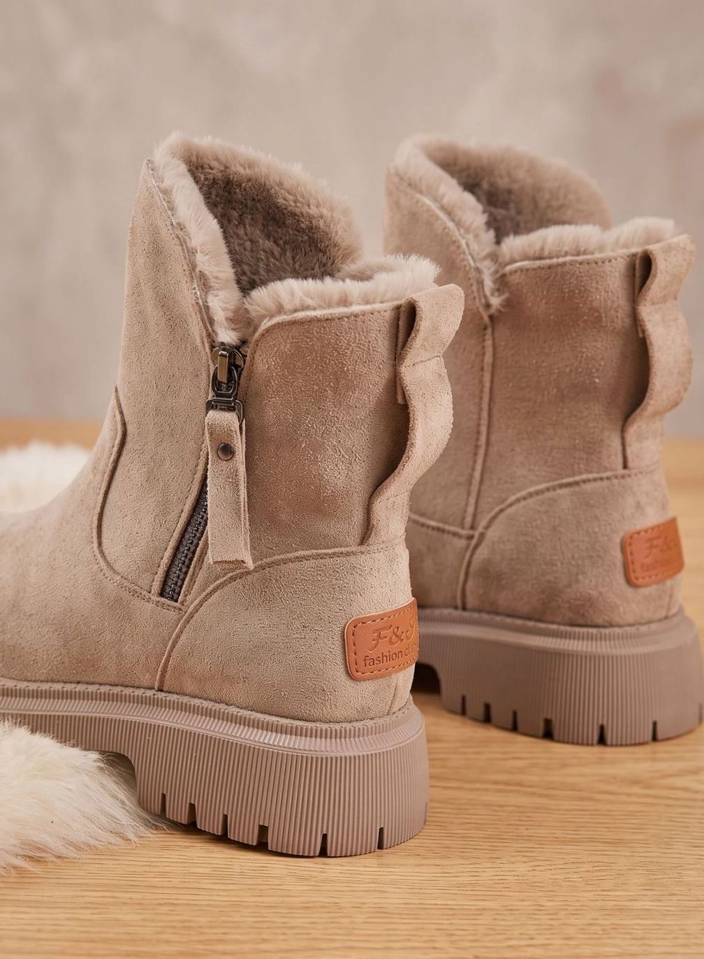 Dam ankelboots mocka pälsimitation-fodrad varm vinterboots dragkedja