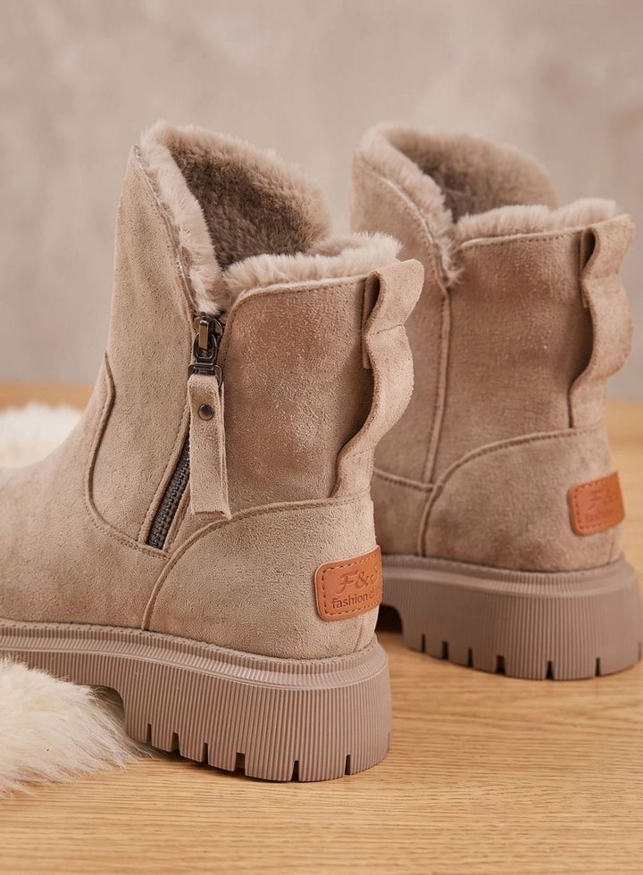 Dam ankelboots mocka pälsimitation-fodrad varm vinterboots dragkedja