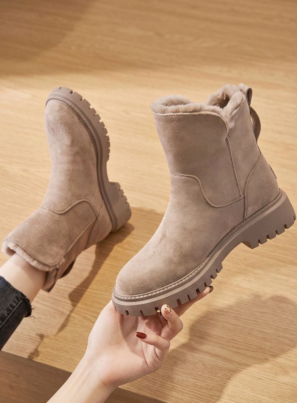 Dam ankelboots mocka pälsimitation-fodrad varm vinterboots dragkedja
