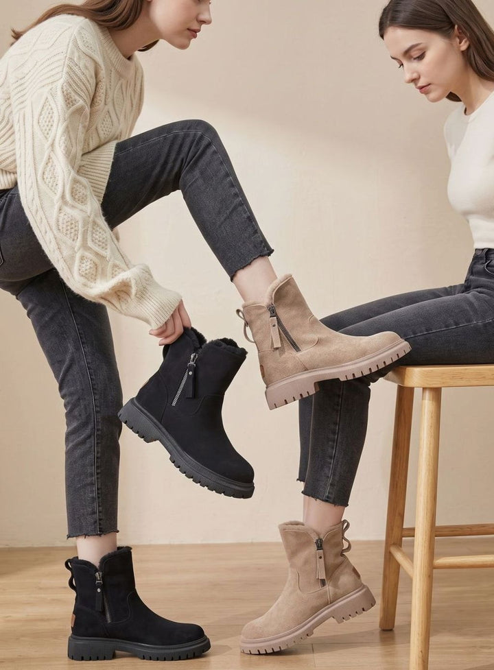 Dam ankelboots mocka pälsimitation-fodrad varm vinterboots dragkedja