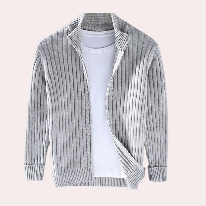 Herr stickad cardigan med dragkedja och diskreta stickdetaljer