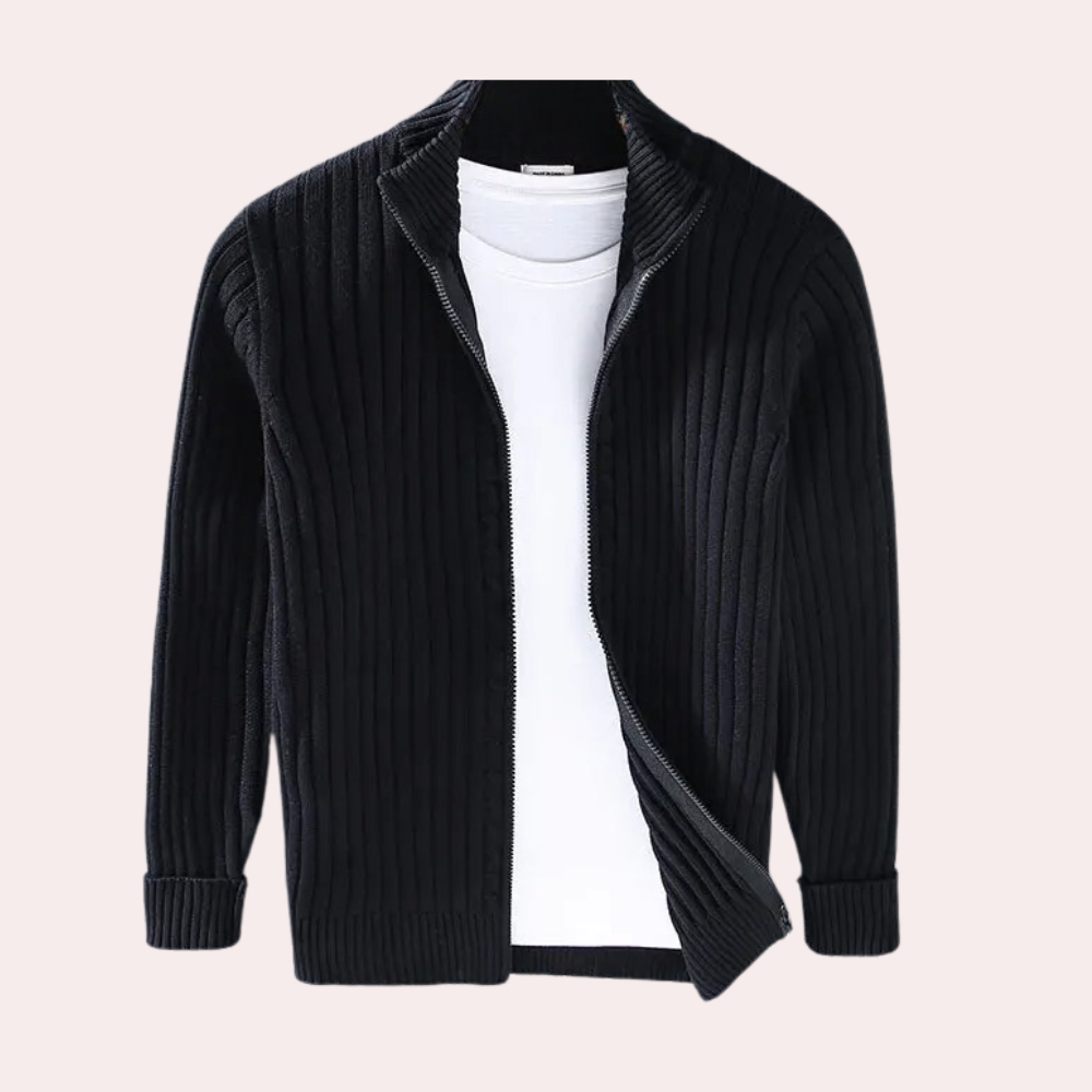 Herr stickad cardigan med dragkedja och diskreta stickdetaljer
