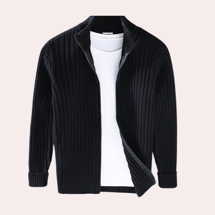 Herr stickad cardigan med dragkedja och diskreta stickdetaljer