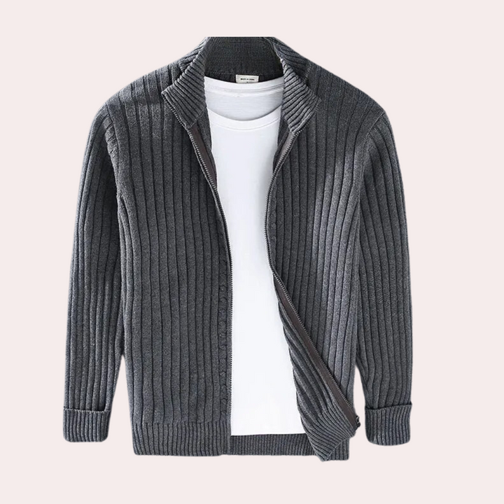Herr stickad cardigan med dragkedja och diskreta stickdetaljer