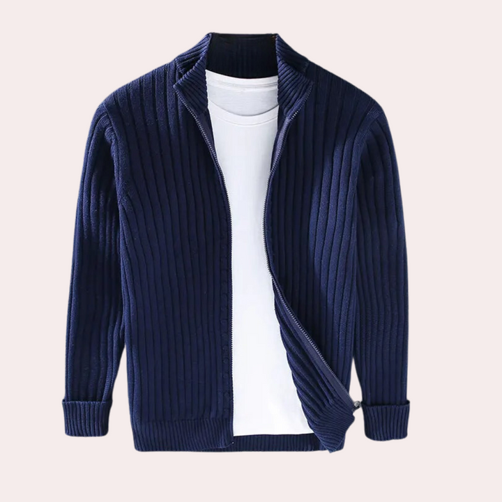 Herr stickad cardigan med dragkedja och diskreta stickdetaljer