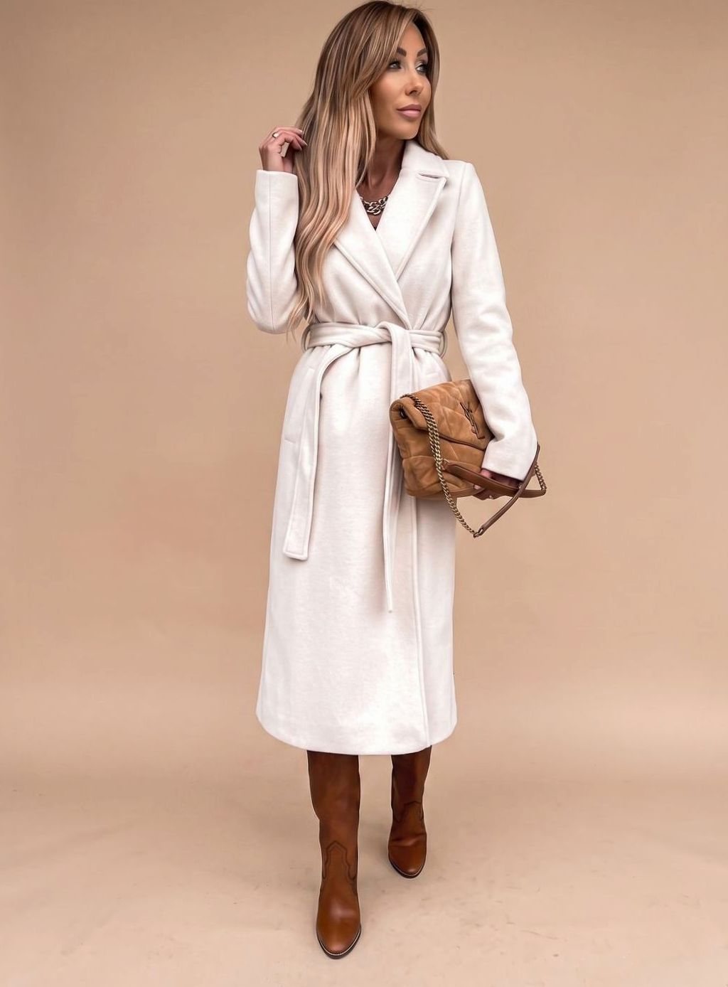 Dam trenchcoat elegant lång kappa med knytband bälte och slagkrage