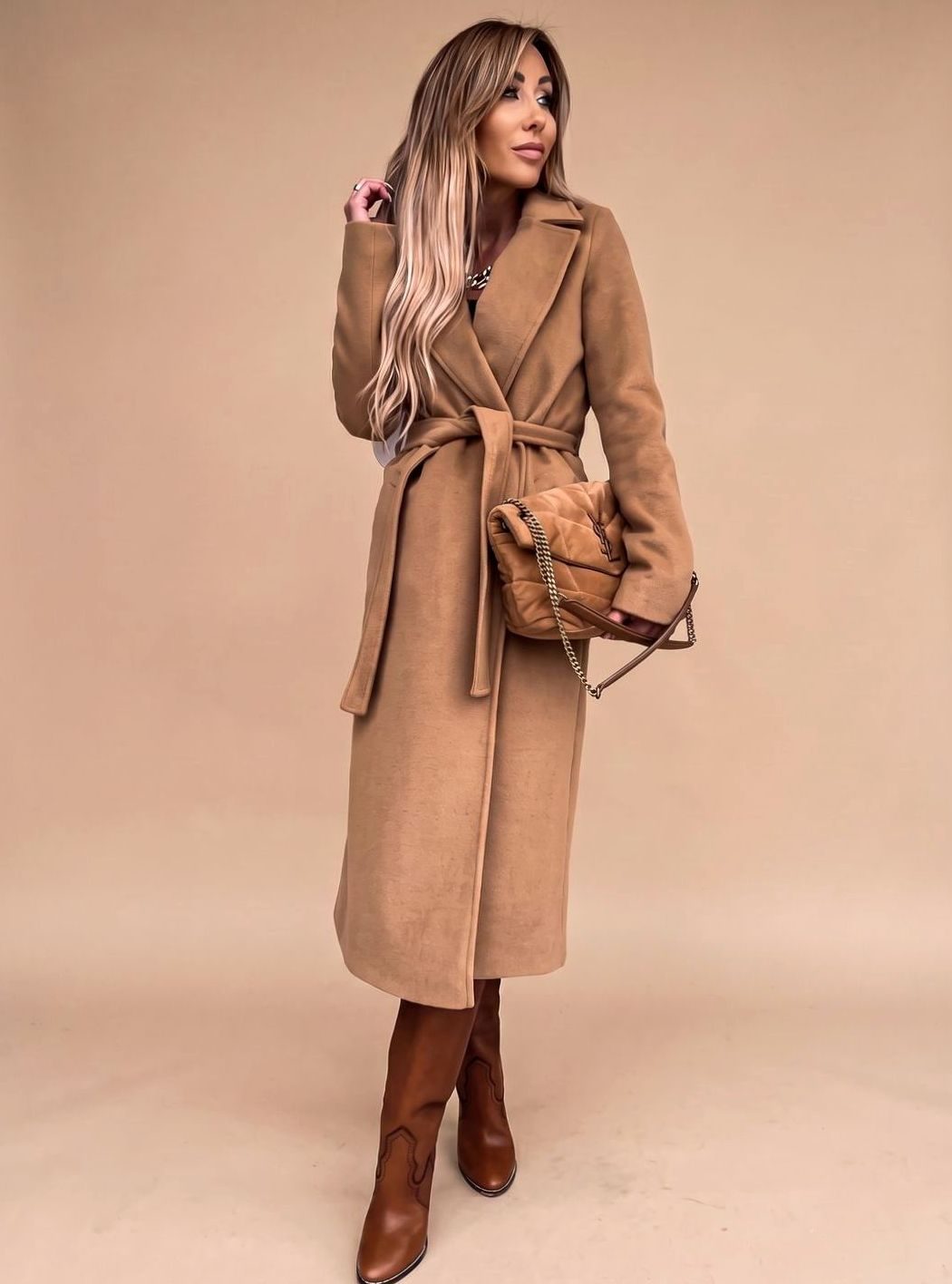 Dam trenchcoat elegant lång kappa med knytband bälte och slagkrage