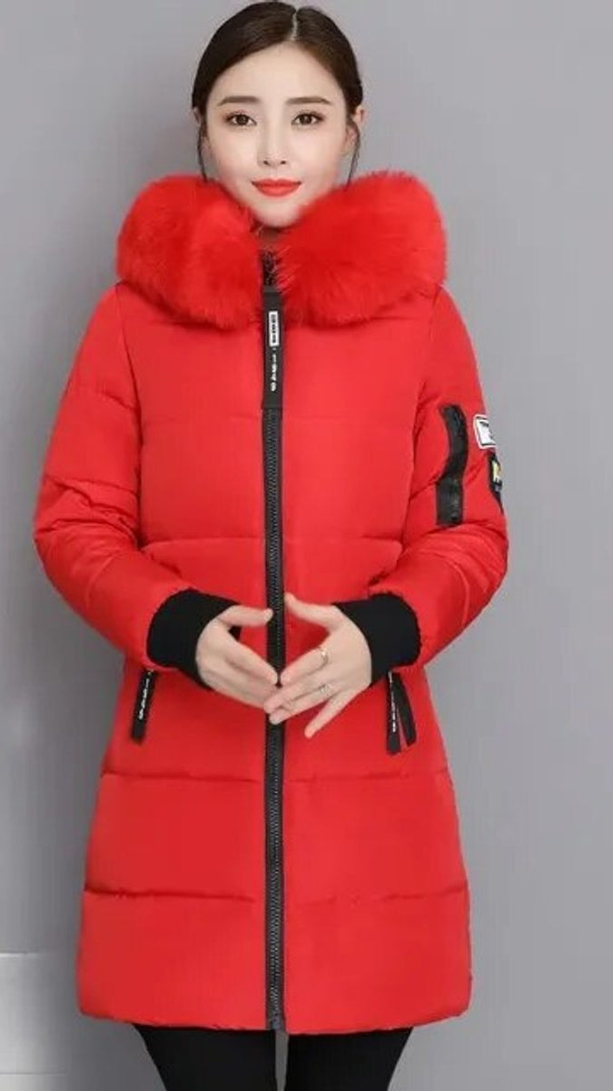Dam vinterkappa lång parkas fuskpäls krage huva vadderad