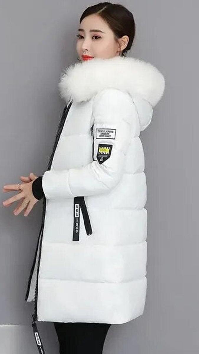 Dam vinterkappa lång parkas fuskpäls krage huva vadderad