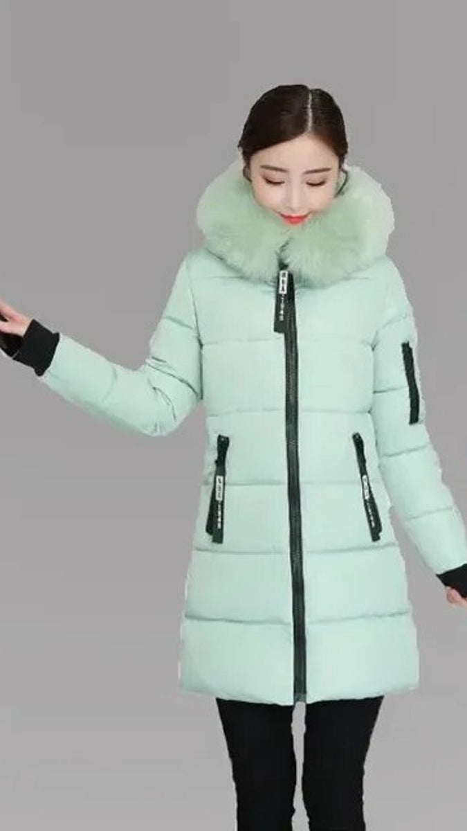 Dam vinterkappa lång parkas fuskpäls krage huva vadderad