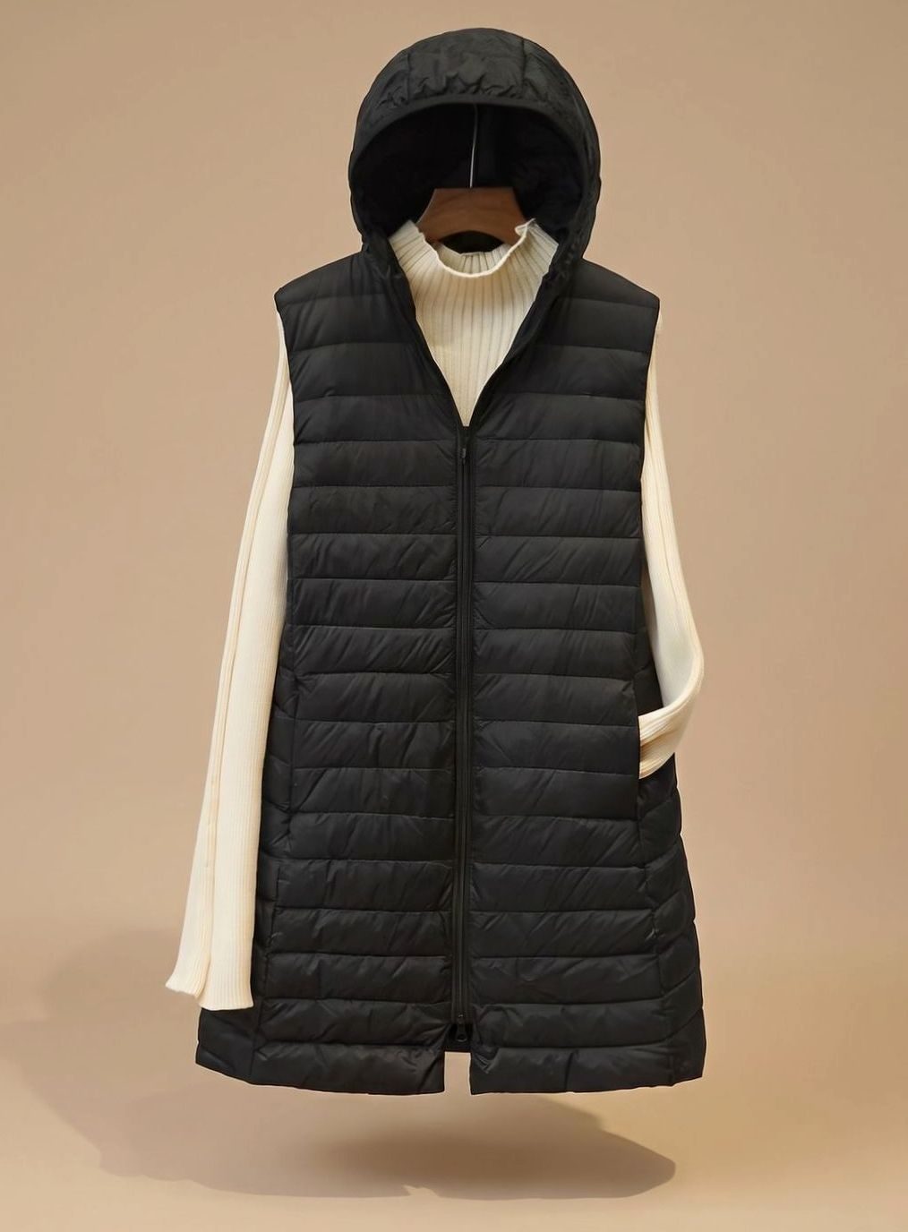 Dam vinterkappa lång ärmlös quiltad parkas med huva