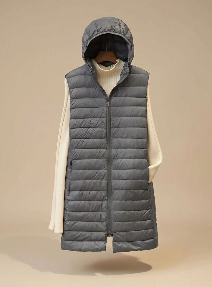 Dam vinterkappa lång ärmlös quiltad parkas med huva