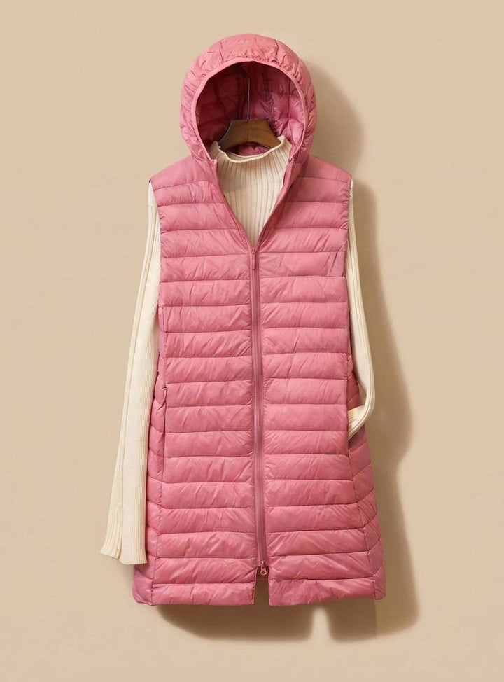 Dam vinterkappa lång ärmlös quiltad parkas med huva
